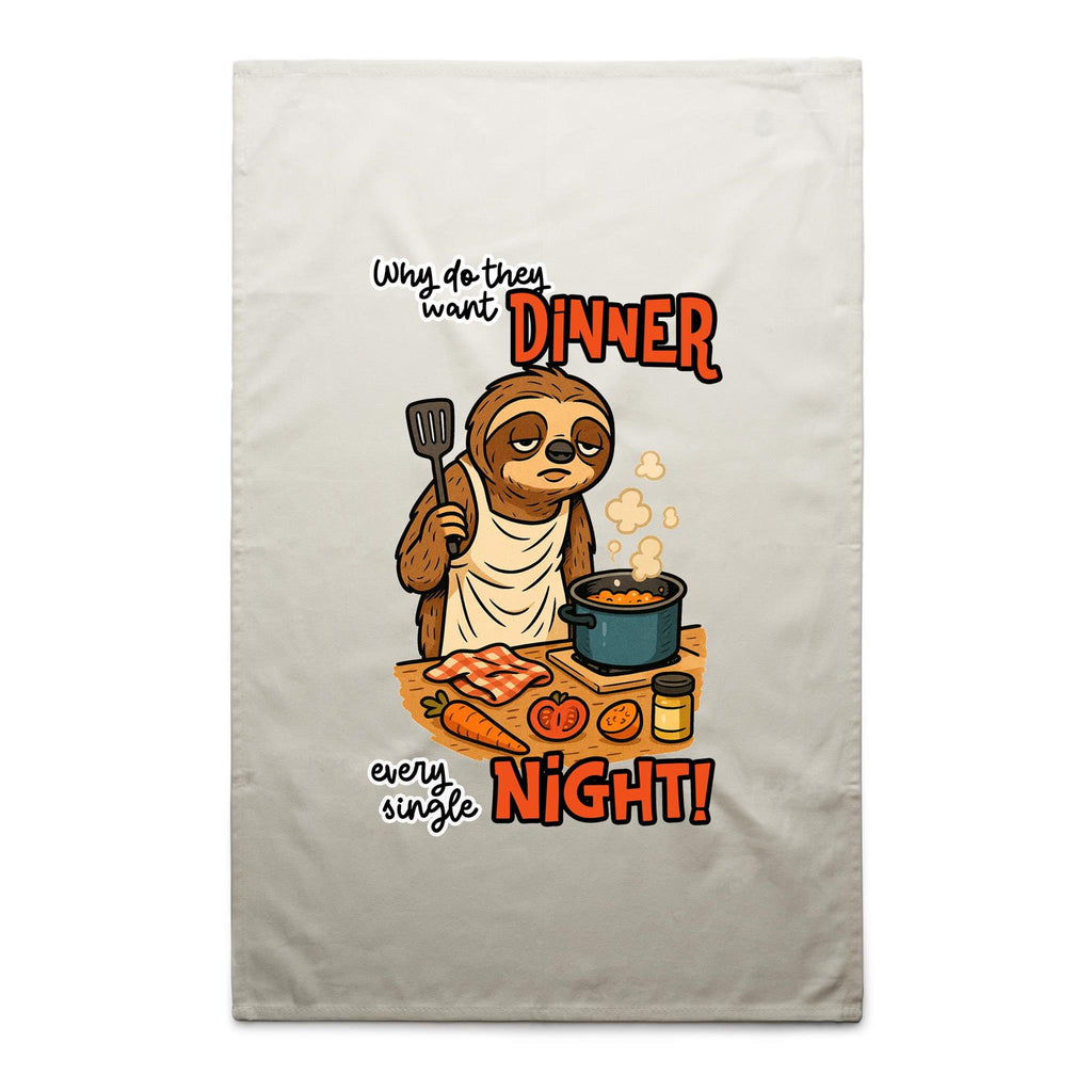 Sloth, Dinner Every Night - AS Colour Tea Towel Cream One Size Tea Towel Printed In Australia
