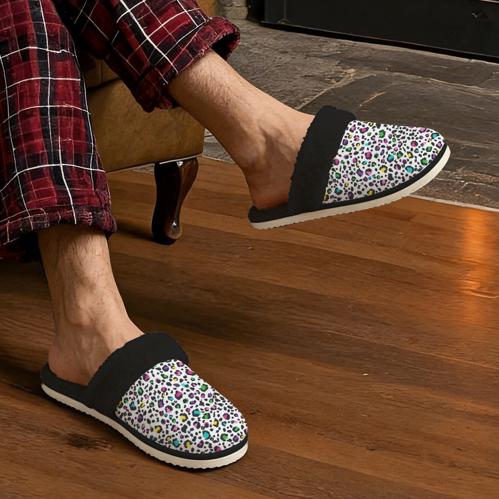 Animal Print In Colour Men's Fur Trim Thick-Sole Indoor Slippers Men's Fur Trimmed Slippers animal Printed Offshore