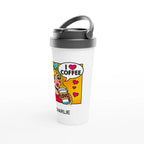 Personalised I Love Coffee, Retro Pop Art White 15oz Stainless Steel Travel Mug Personalised Travel Mug Coffee comic Globally Fulfilled Retro