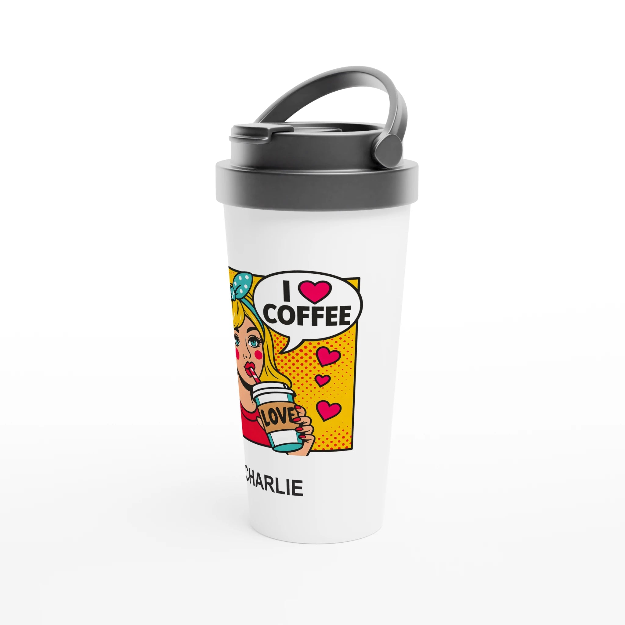 Personalised - I Love Coffee, Retro Pop Art - White 15oz Stainless Steel Travel Mug Personalised Travel Mug Coffee comic Globally Fulfilled Retro