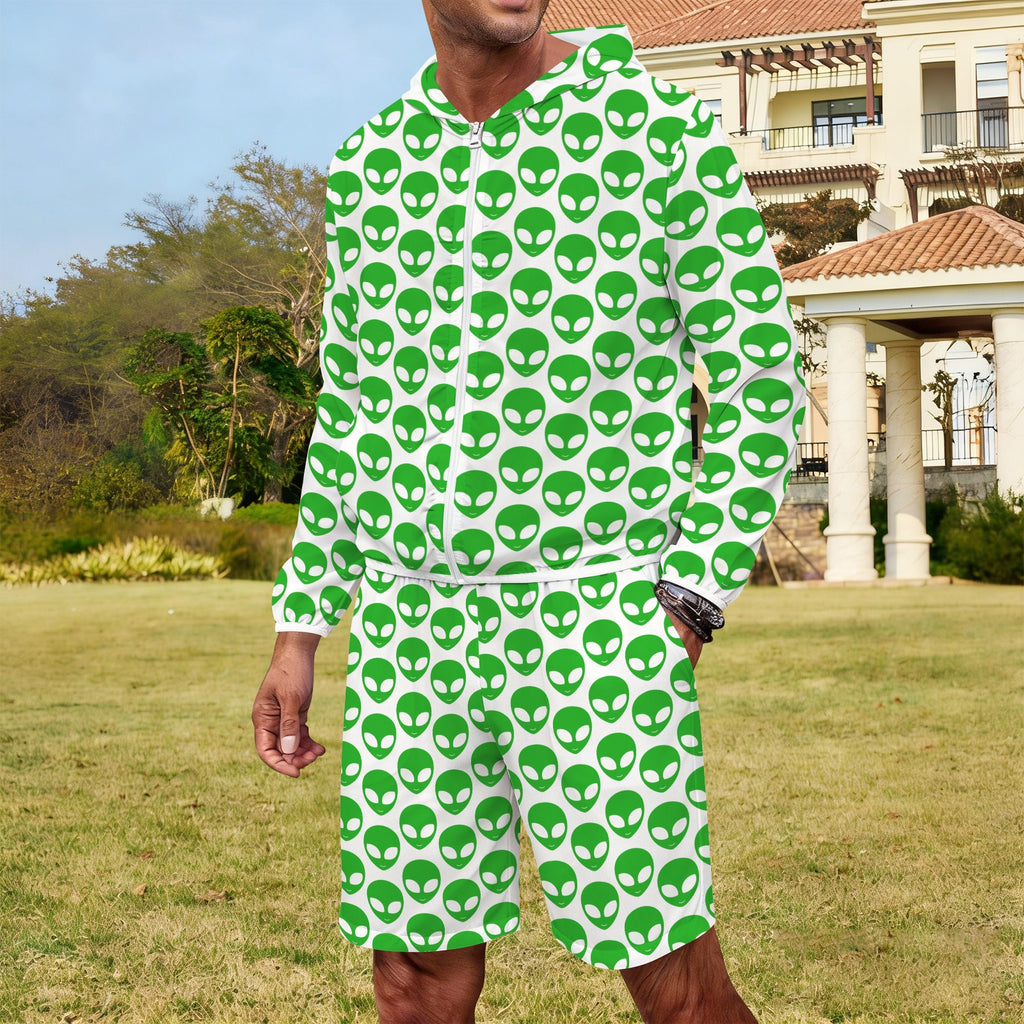 Aliens On White Men's Lightweight Sun Hoodie & Shorts Set Men's Lightweight Sun Hoodie & Shorts Printed Offshore Sci Fi