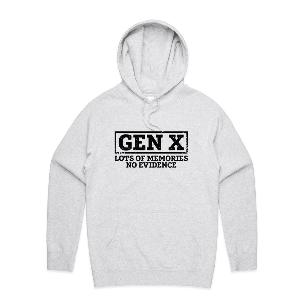 Gen X, Lots Of Memories, No Evidence Men's AS Colour Hoodie White Marle Mens Hoodie Printed In Australia
