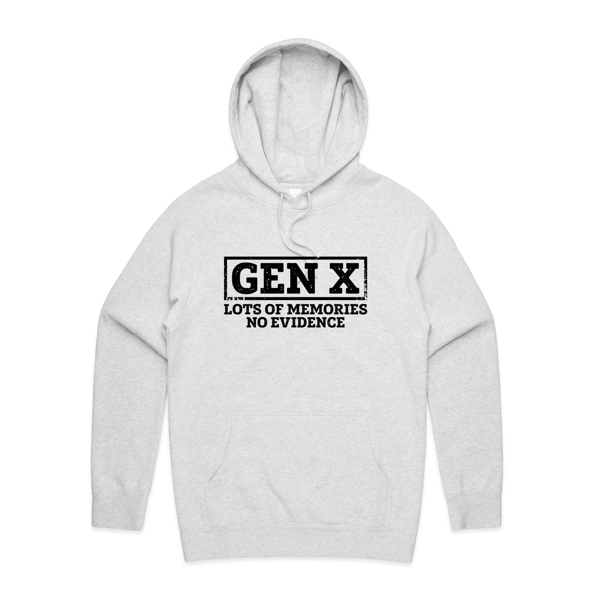 Gen X, Lots Of Memories, No Evidence Men's AS Colour Hoodie White Marle Mens Hoodie Printed In Australia