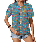Doughnuts On Blue Women's Short-Sleeve Button Up Shirt white Women's Short-Sleeve Button Up Shirt Food Printed Offshore
