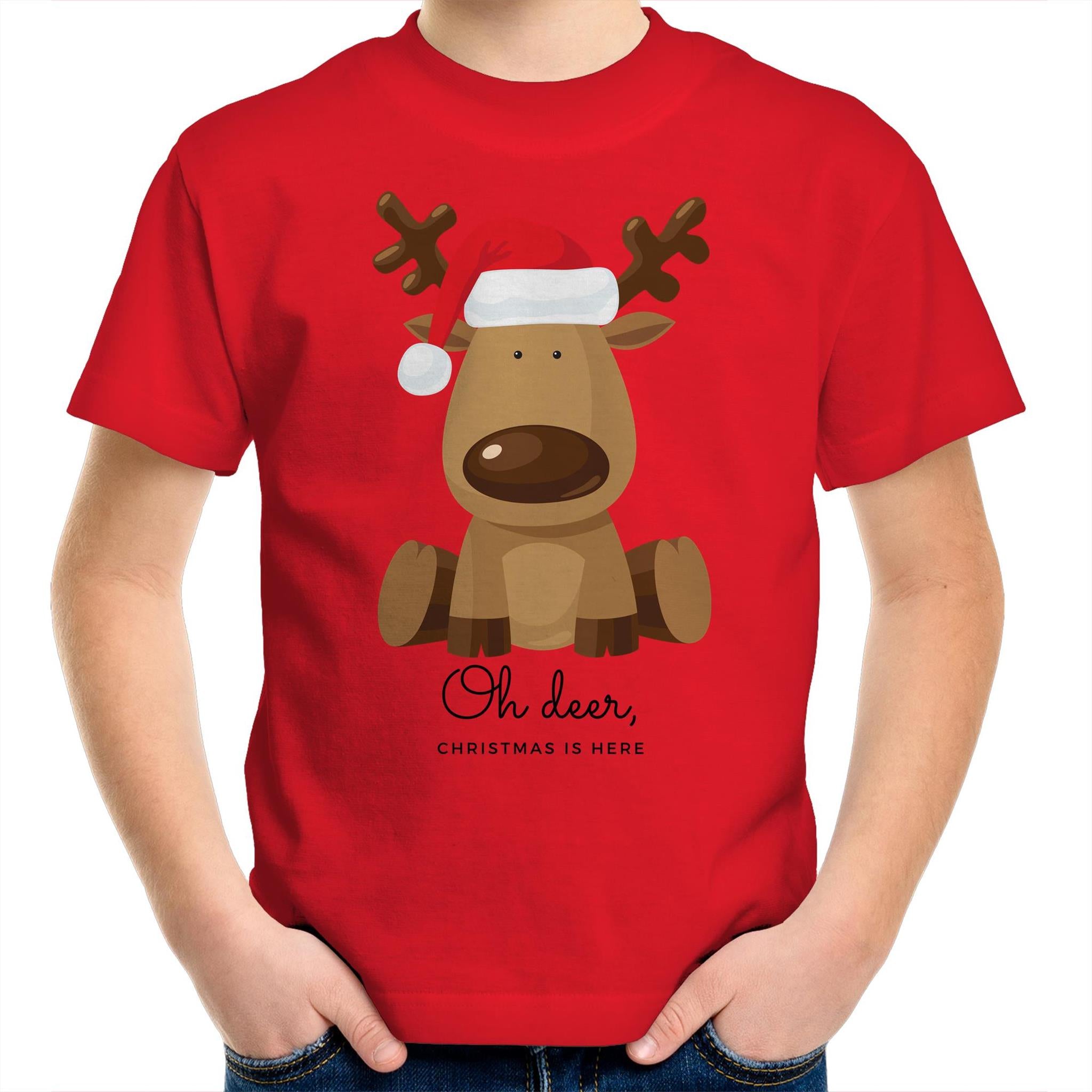 Oh Deer Christmas Is Here, Reindeer - Kids Youth T-Shirt Red Kids Christmas T-shirt Christmas Printed In Australia