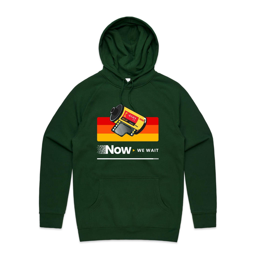Camera Film, Now We Wait Men's AS Colour Hoodie Forest Green Mens Hoodie Printed In Australia Retro