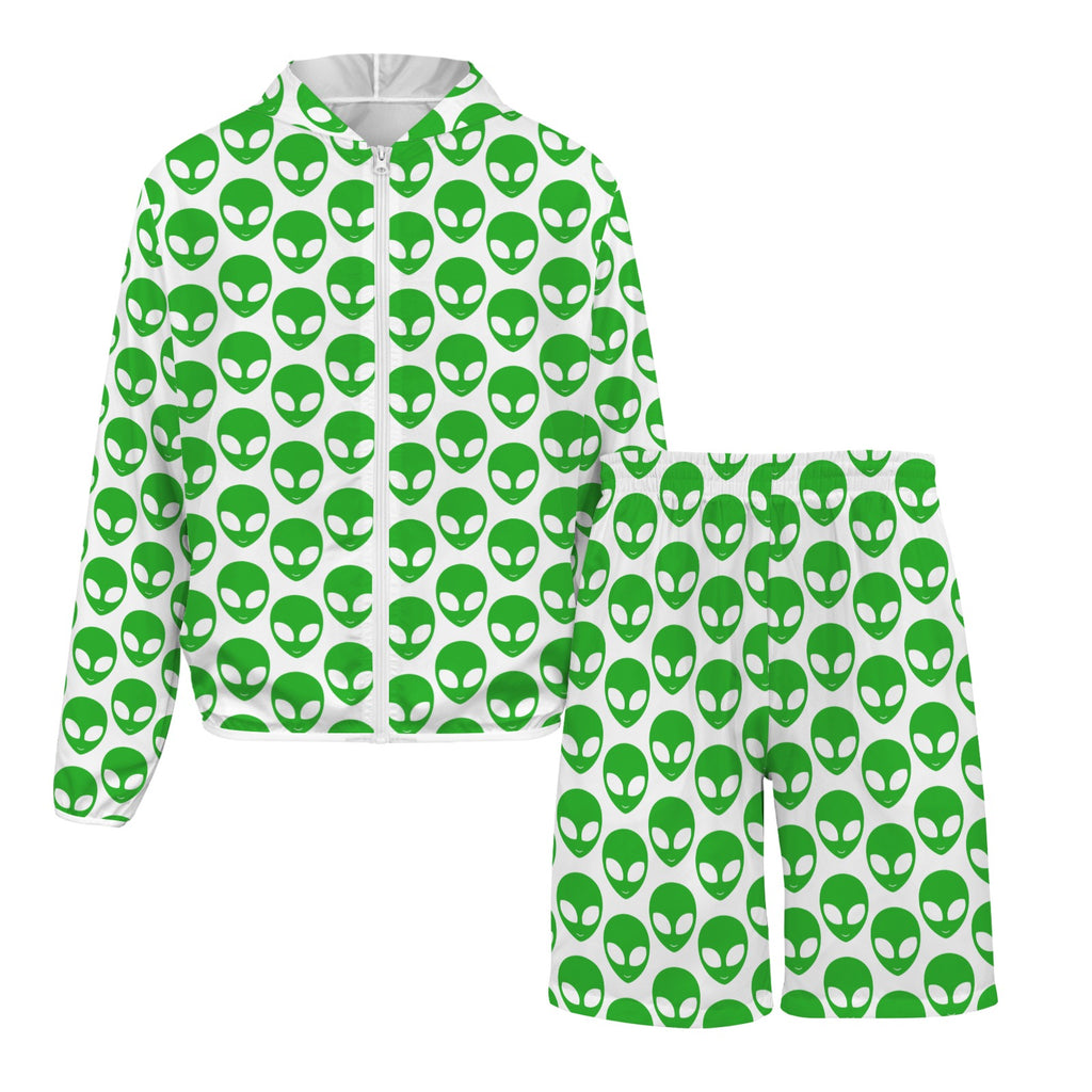 Aliens On White Men's Lightweight Sun Hoodie & Shorts Set Men's Lightweight Sun Hoodie & Shorts Printed Offshore Sci Fi