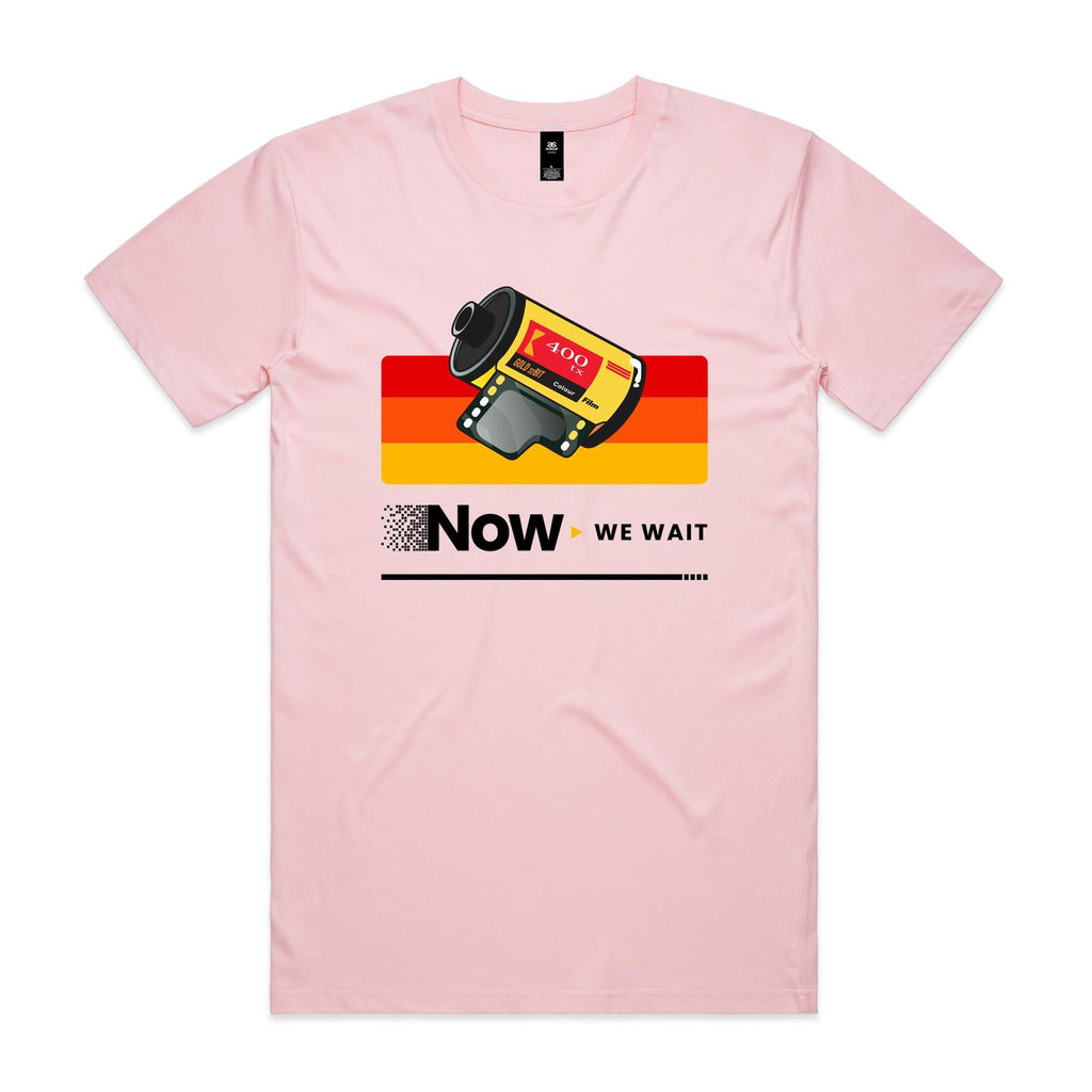 Camera Film, Now We Wait Men's AS Colour T-shirt Pink Mens T-shirt Printed In Australia Retro