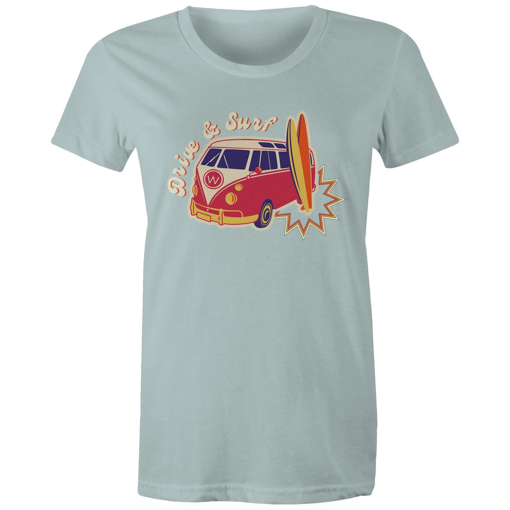 Drive And Surf - Womens T-shirt Pale Blue Womens T-shirt Printed In Australia Summer Surf