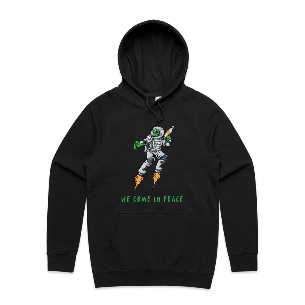 Alien Invasion, We Come In Peace - Mens Hoodie Black Mens Hoodie Printed In Australia Sci Fi