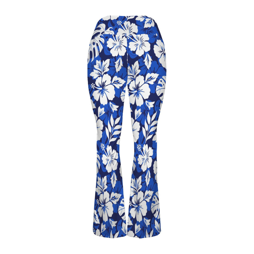 Blue Hawaiian Floral High Waist Crossover Tummy Control Flare Leggings High Waist Flare Leggings Plants Printed Offshore