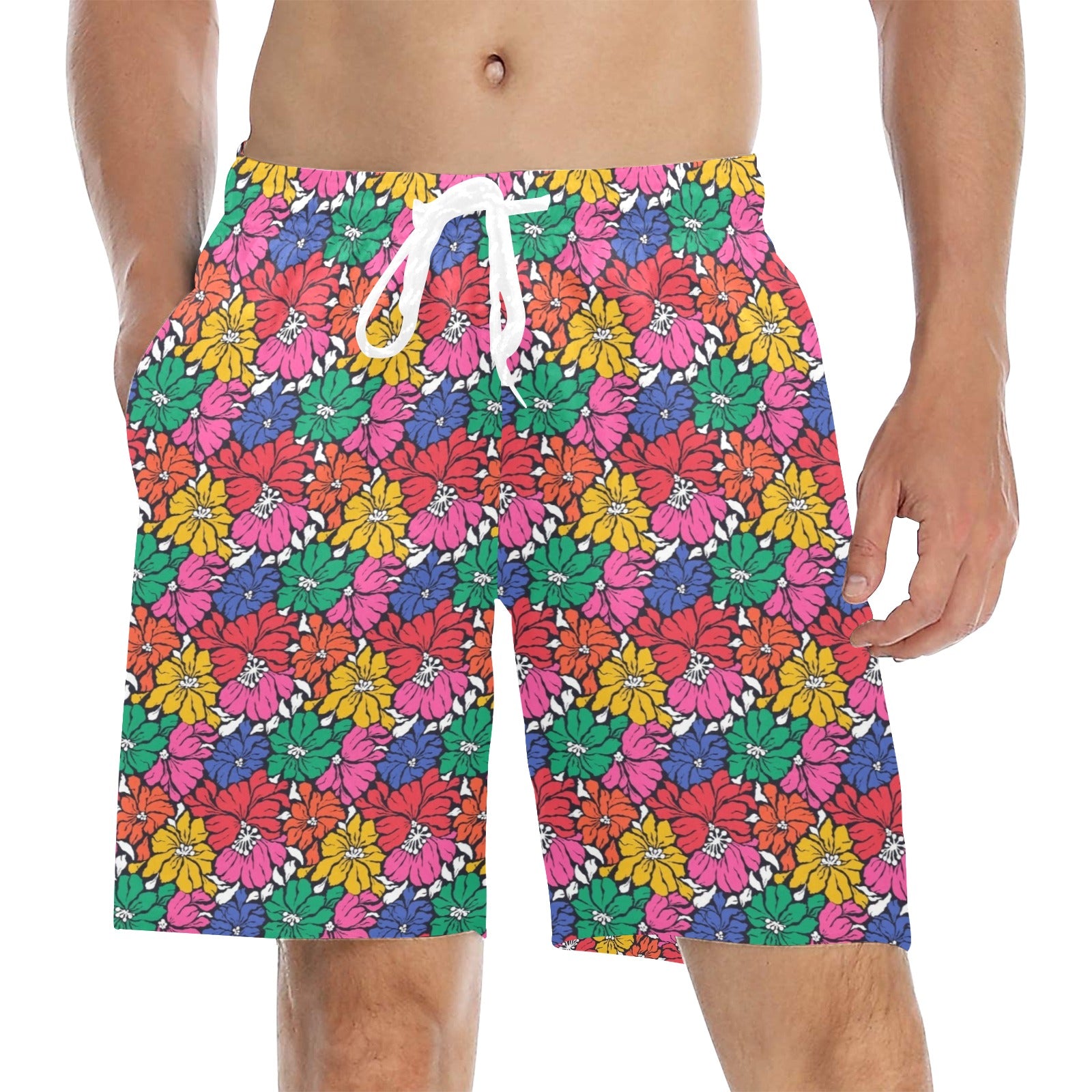 Bright And Bold Flowers Men's Mid-Length Beach Shorts 5XL Men's Mid-Length Beach Shorts Plants Printed Offshore