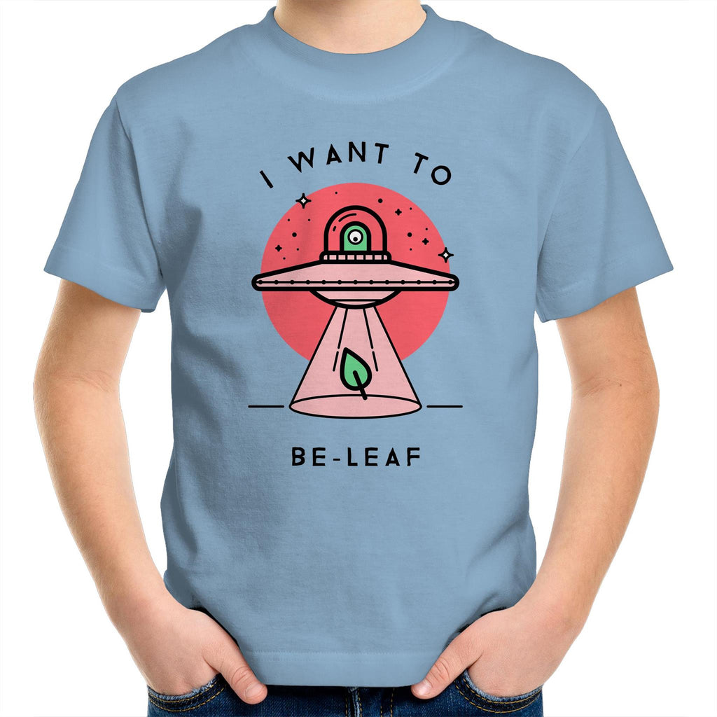I Want To Be-Leaf, Alien, UFO - Kids Youth T-Shirt Carolina Blue Kids Youth T-shirt Printed In Australia Sci Fi