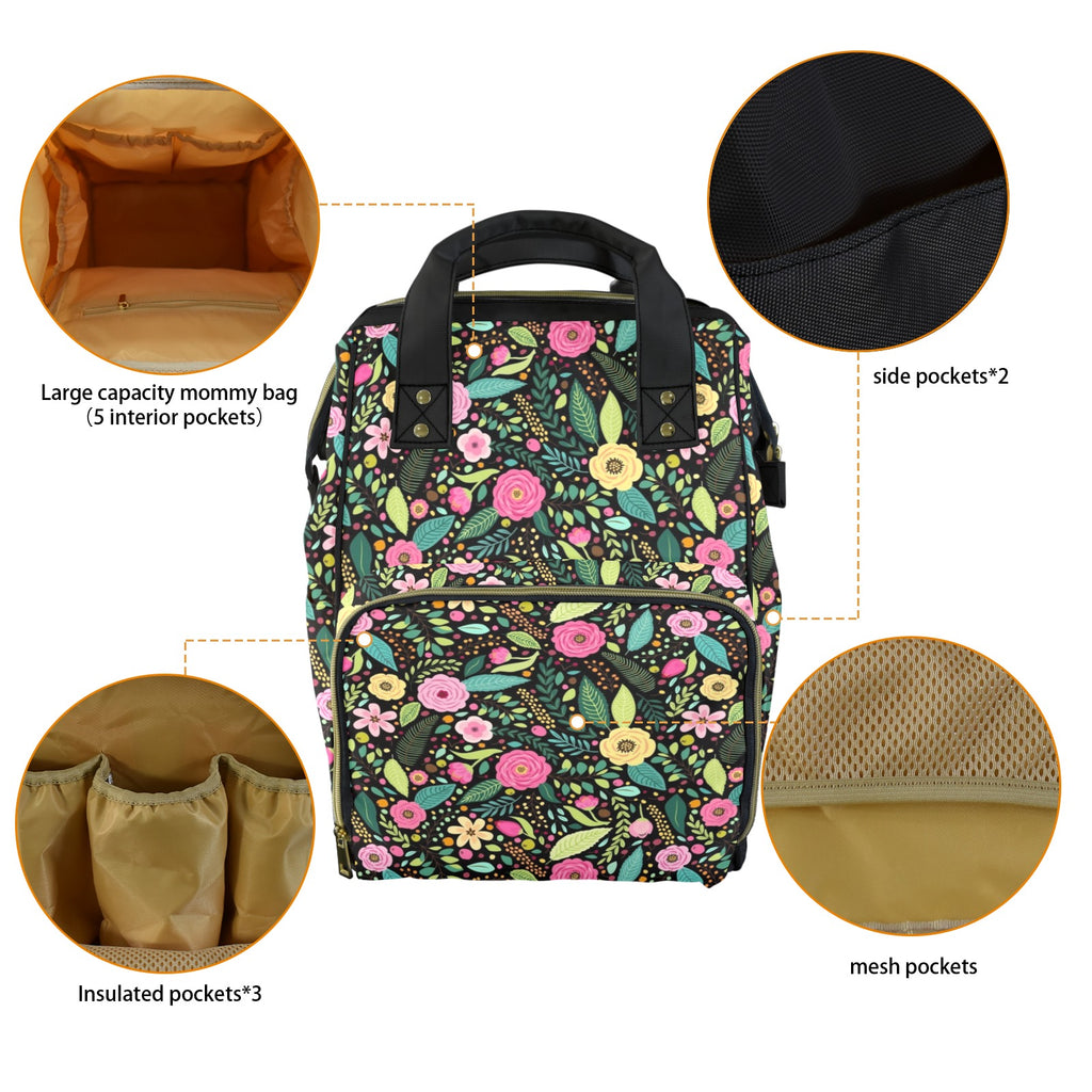 Bright Floral And Leaves Multi-Function Backpack, Nappy / Diaper Bag Multi-function Backpack, Nappy / Diaper Bag Plants Printed Offshore