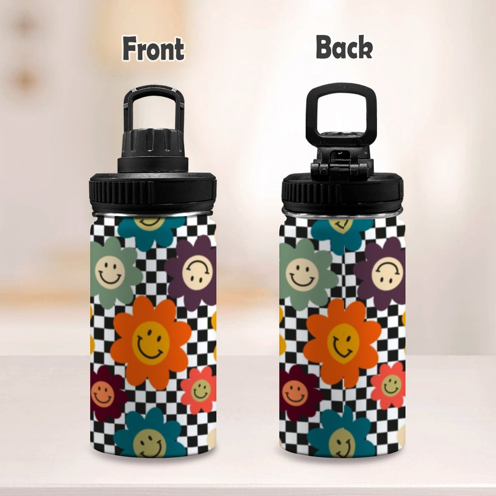 Happy Retro Flowers - Kids Water Bottle with Chug Lid (12 oz) Kids Water Bottle with Chug Lid Printed Offshore Retro