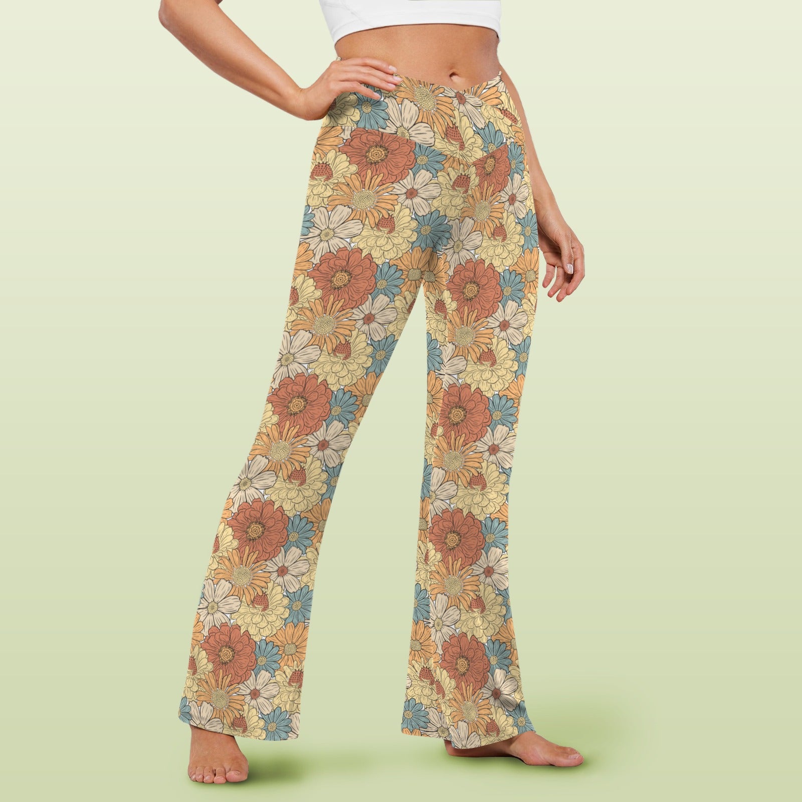 Vintage Retro Floral High Waist Crossover Tummy Control Flare Leggings High Waist Flare Leggings Plants Printed Offshore Retro