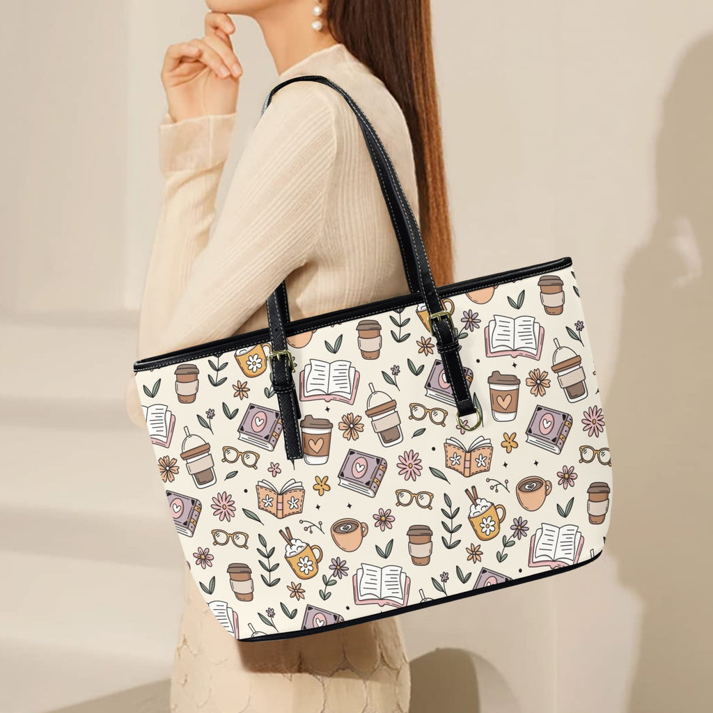 Books And Coffee - Leather Tote Bag-Large