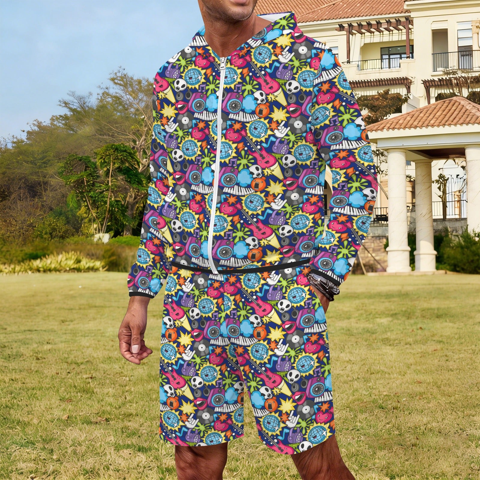 Sticker Music Men's Lightweight Sun Hoodie & Shorts Set Men's Lightweight Sun Hoodie & Shorts Music Printed Offshore