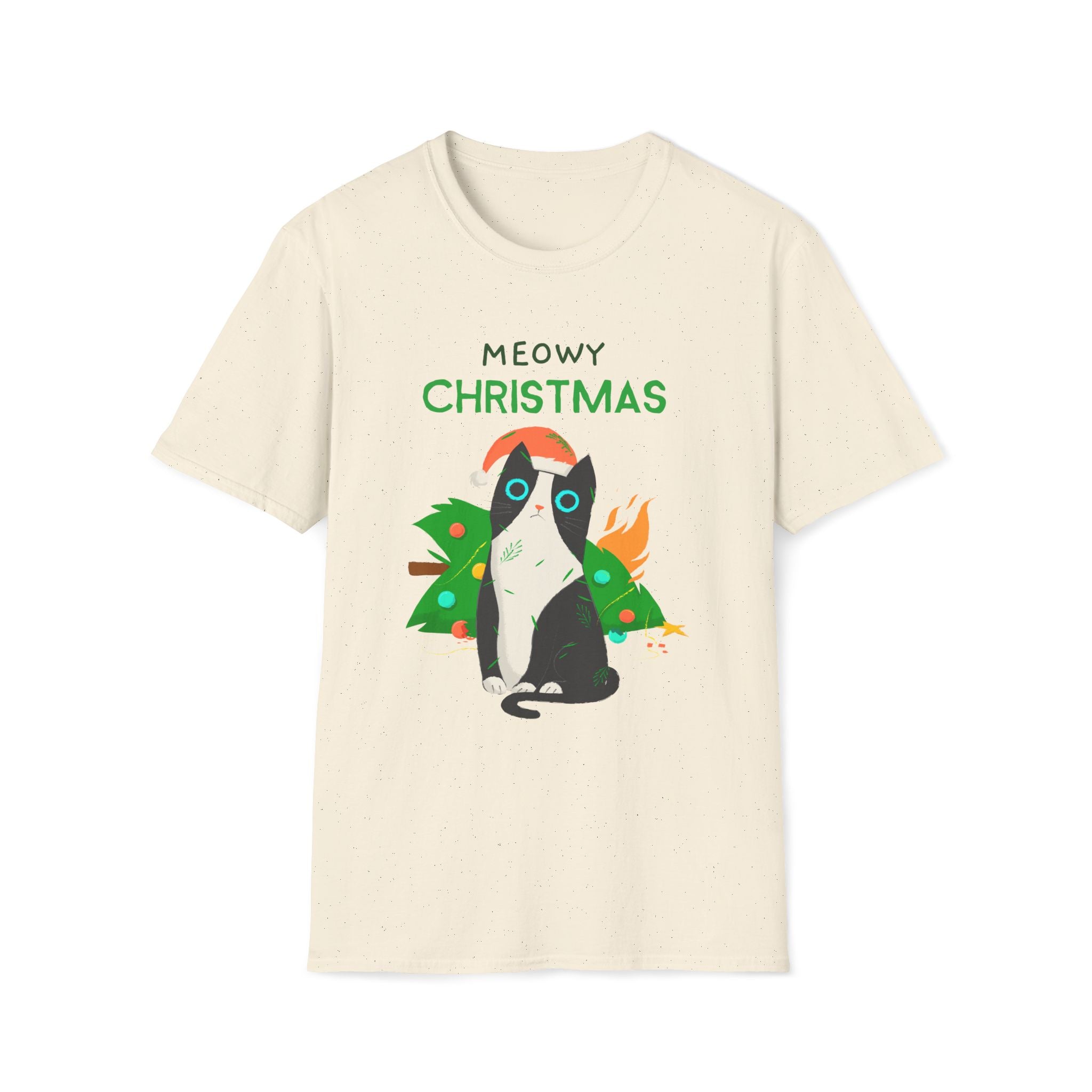 Meowy Christmas, Cat With Burning Christmas Tree - Unisex Softstyle T-Shirt