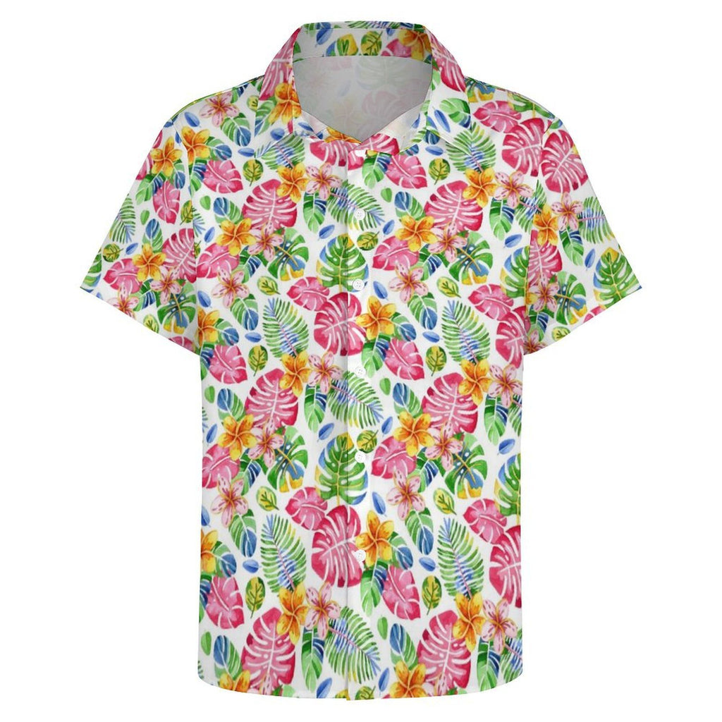 Bright Painted Tropical Women's Collared Pocketless Short Sleeve Shirt