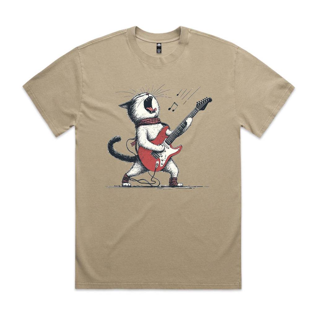 Cat Playing Guitar AS Colour Heavy Faded Tee Unisex Faded khaki Heavy Faded T-shirt animal Music Printed In Australia
