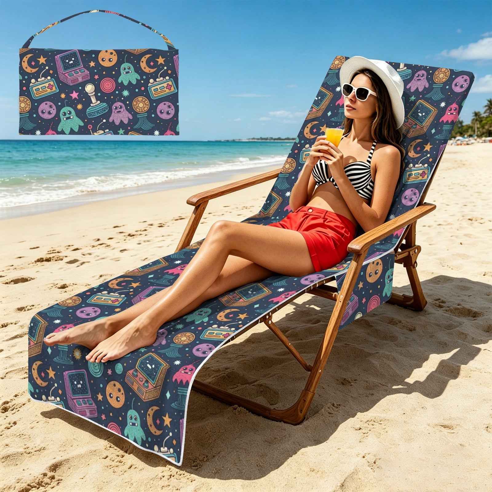 Space Arcade Beach Chair Towel Cover with Side Pockets