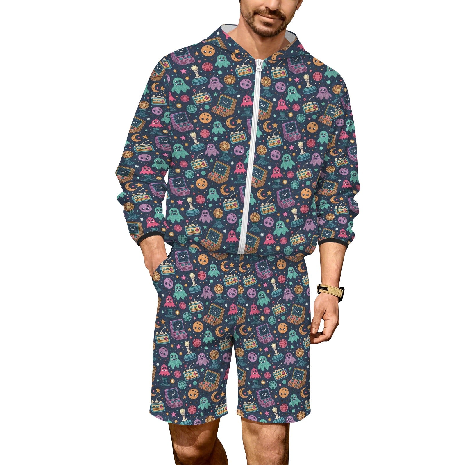 Space Arcade Men's Lightweight Sun Hoodie & Shorts Set 4XL Men's Lightweight Sun Hoodie & Shorts Games Printed Offshore Retro