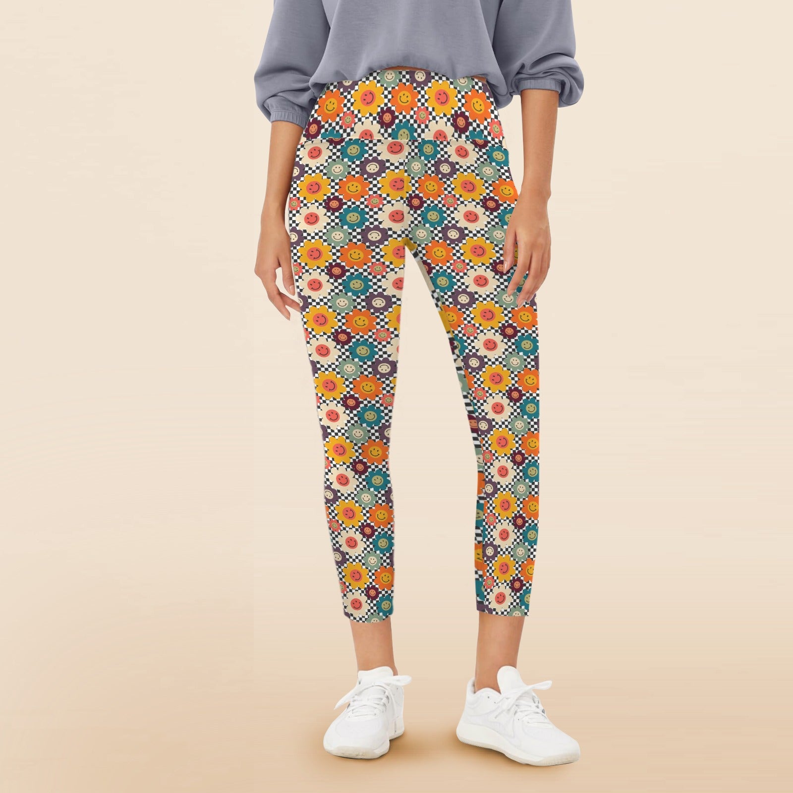 Happy Retro Flowers - Women's High Waist Pockets Yoga Leggings