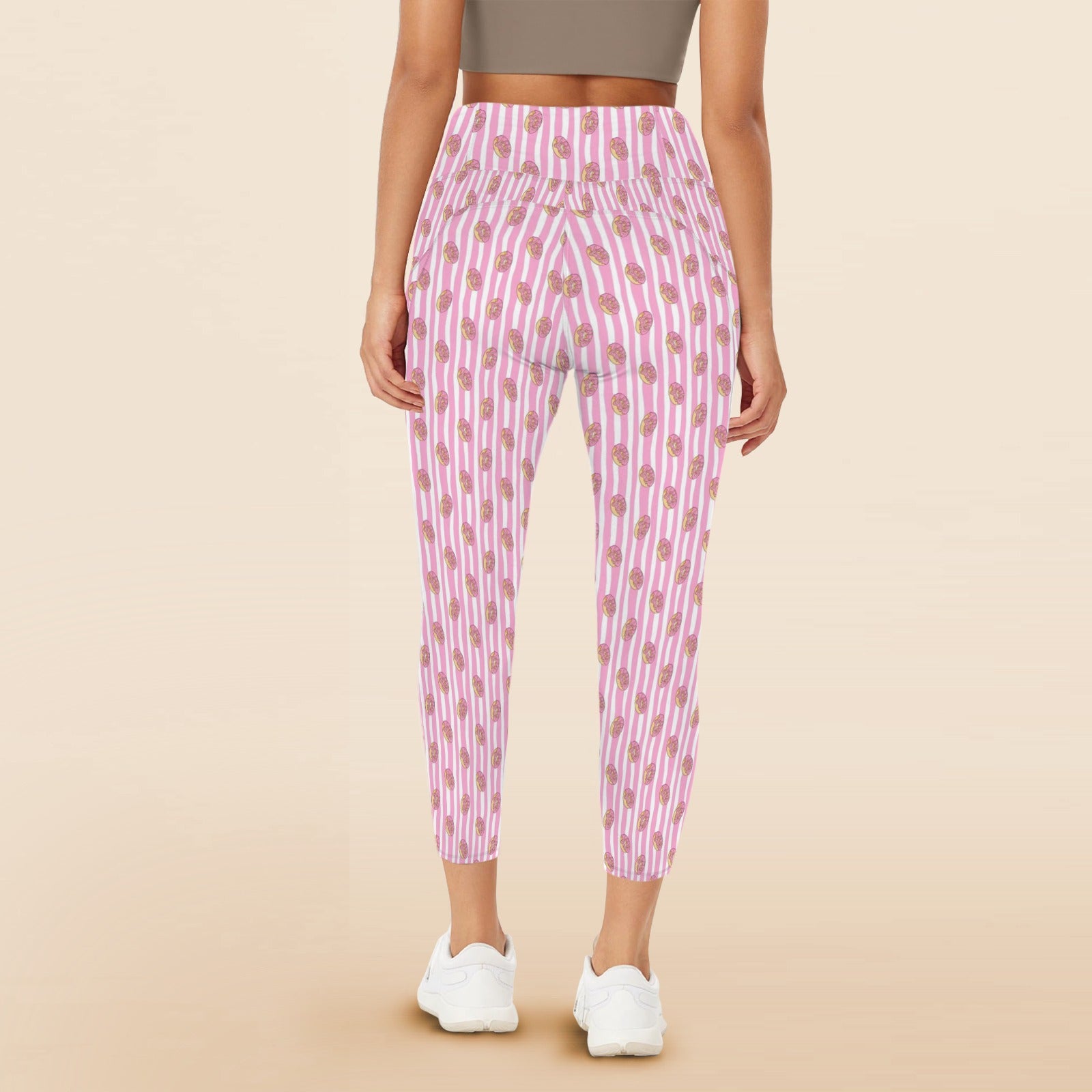 Pink Donut Stripes Women's High Waist Pockets Yoga Leggings Women's High Waist Pockets Yoga Leggings Food Printed Offshore