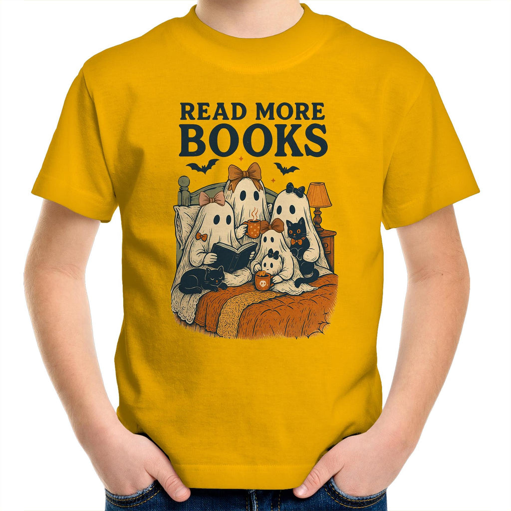 Read More Books, Halloween Ghosts - Kids Youth T-Shirt Gold Kids Youth T-shirt Halloween Printed In Australia Reading