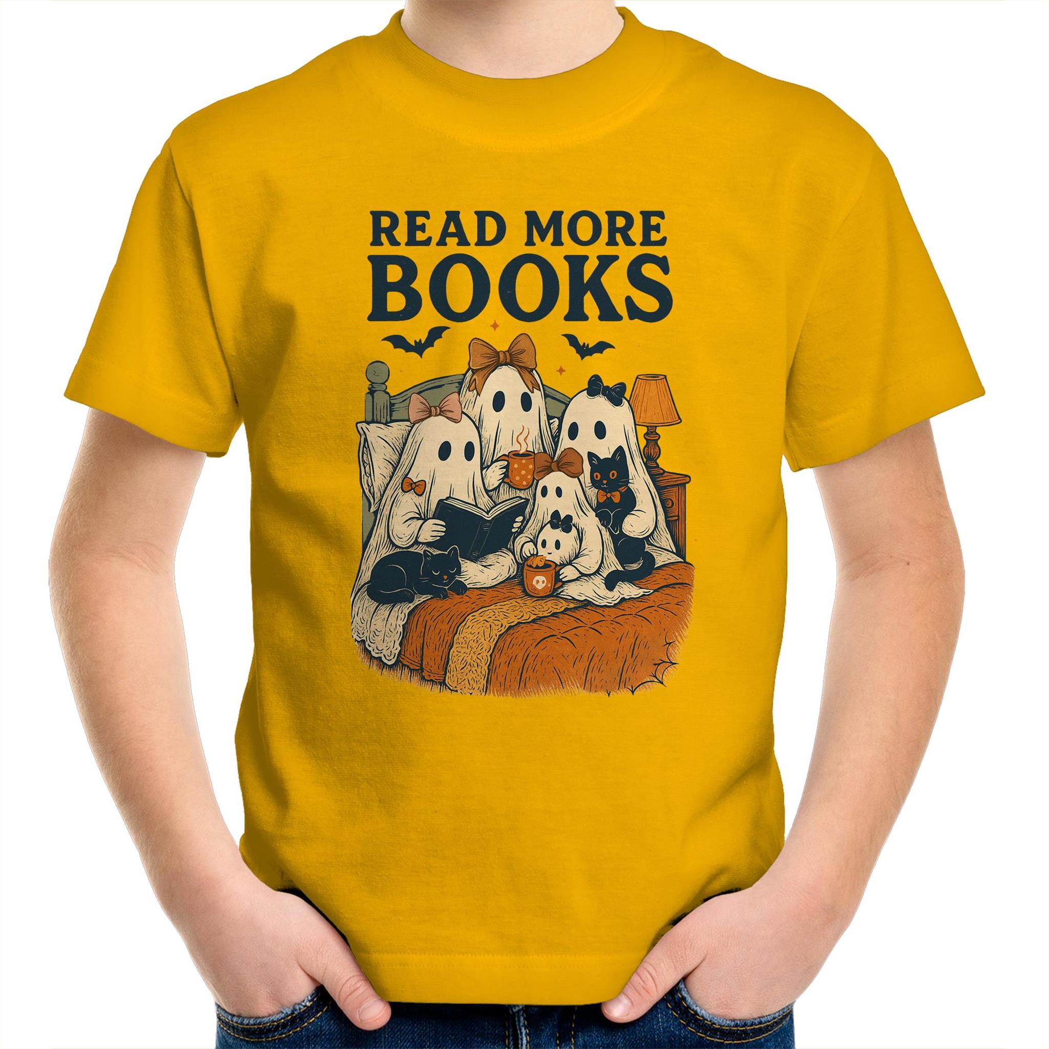 Read More Books, Halloween Ghosts - Kids Youth T-Shirt Gold Kids Youth T-shirt Halloween Printed In Australia Reading