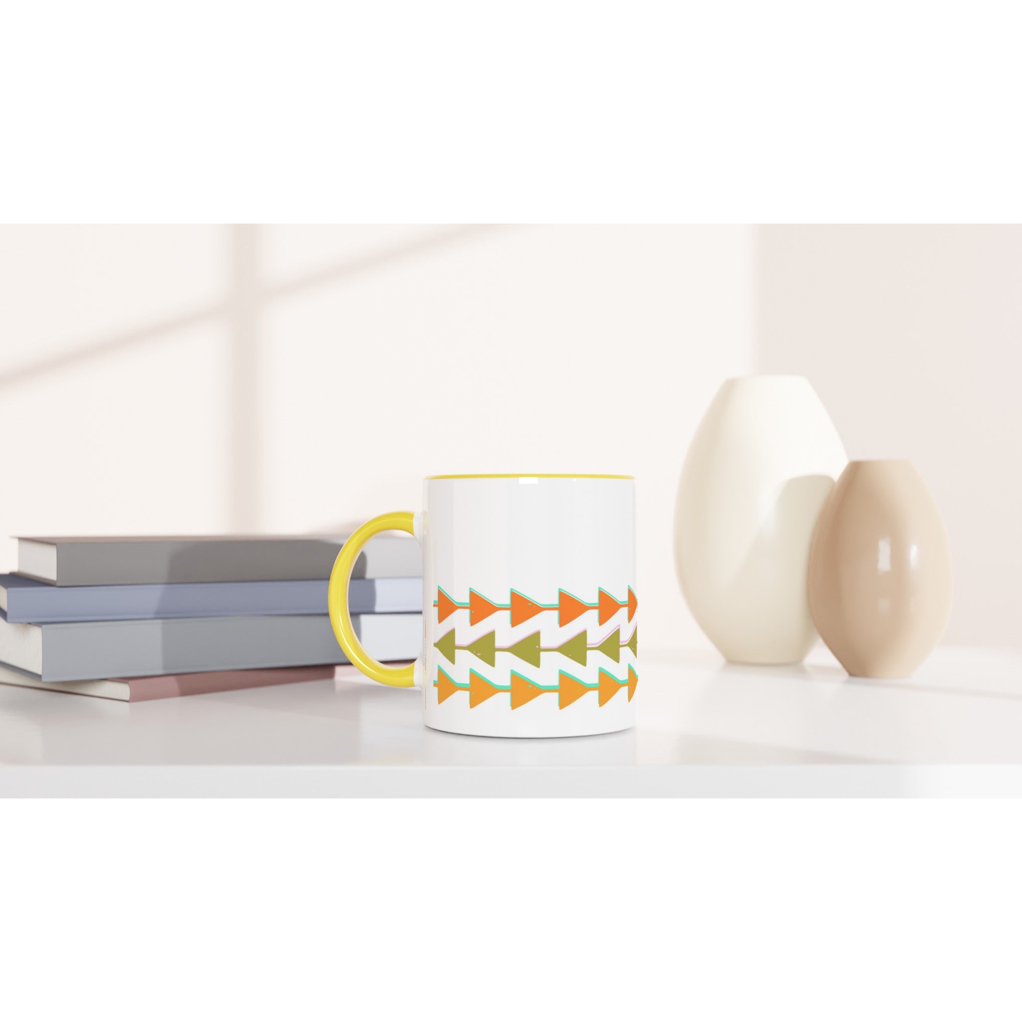 Retro Triangles - White 11oz Ceramic Mug with Colour Inside Colour 11oz Mug Globally Fulfilled Retro
