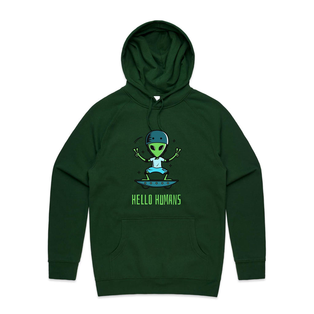 Hello Humans, Alien Skate - Mens Hoodie Forest Green Mens Hoodie Printed In Australia Sci Fi