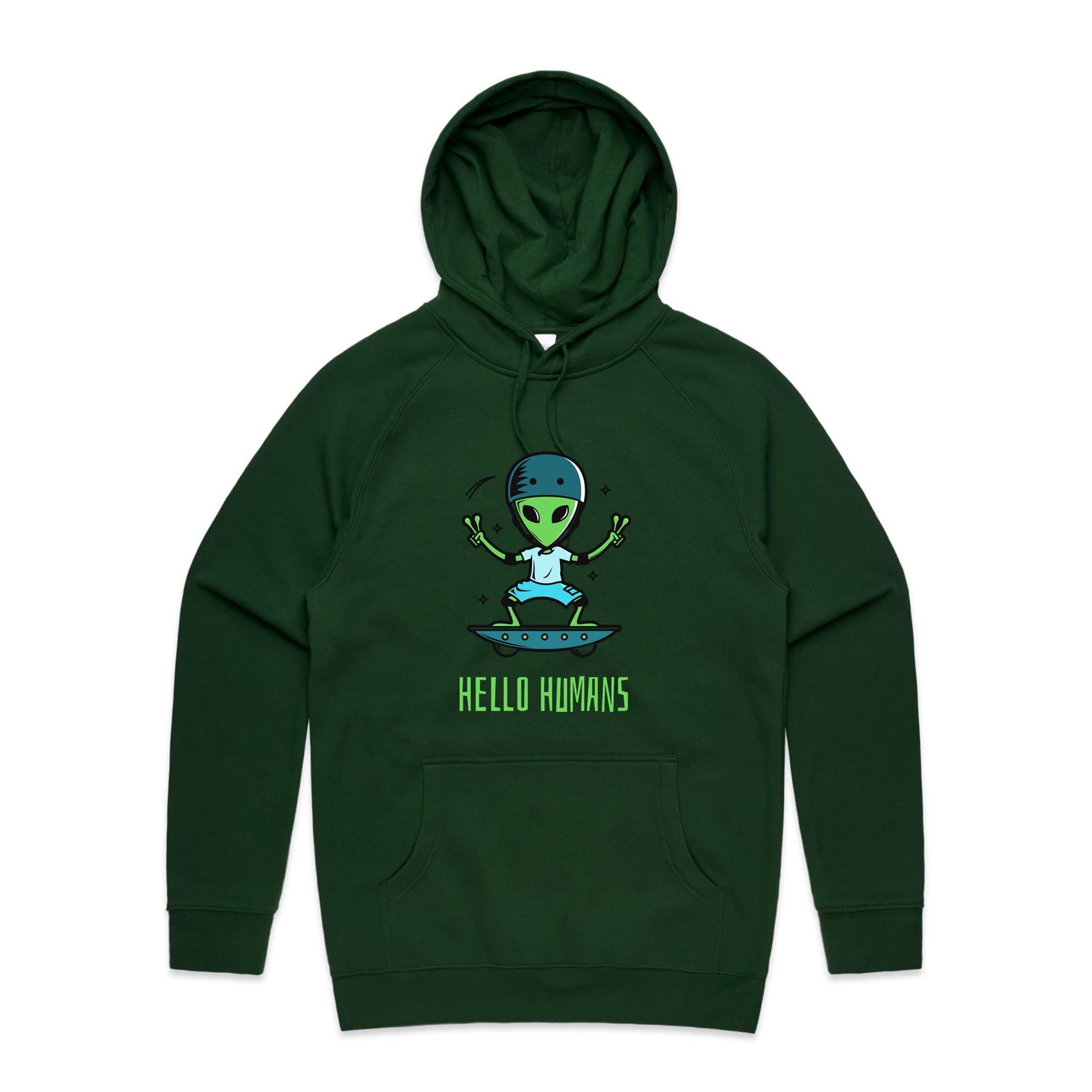 Hello Humans, Alien Skate - Mens Hoodie Forest Green Mens Hoodie Printed In Australia Sci Fi