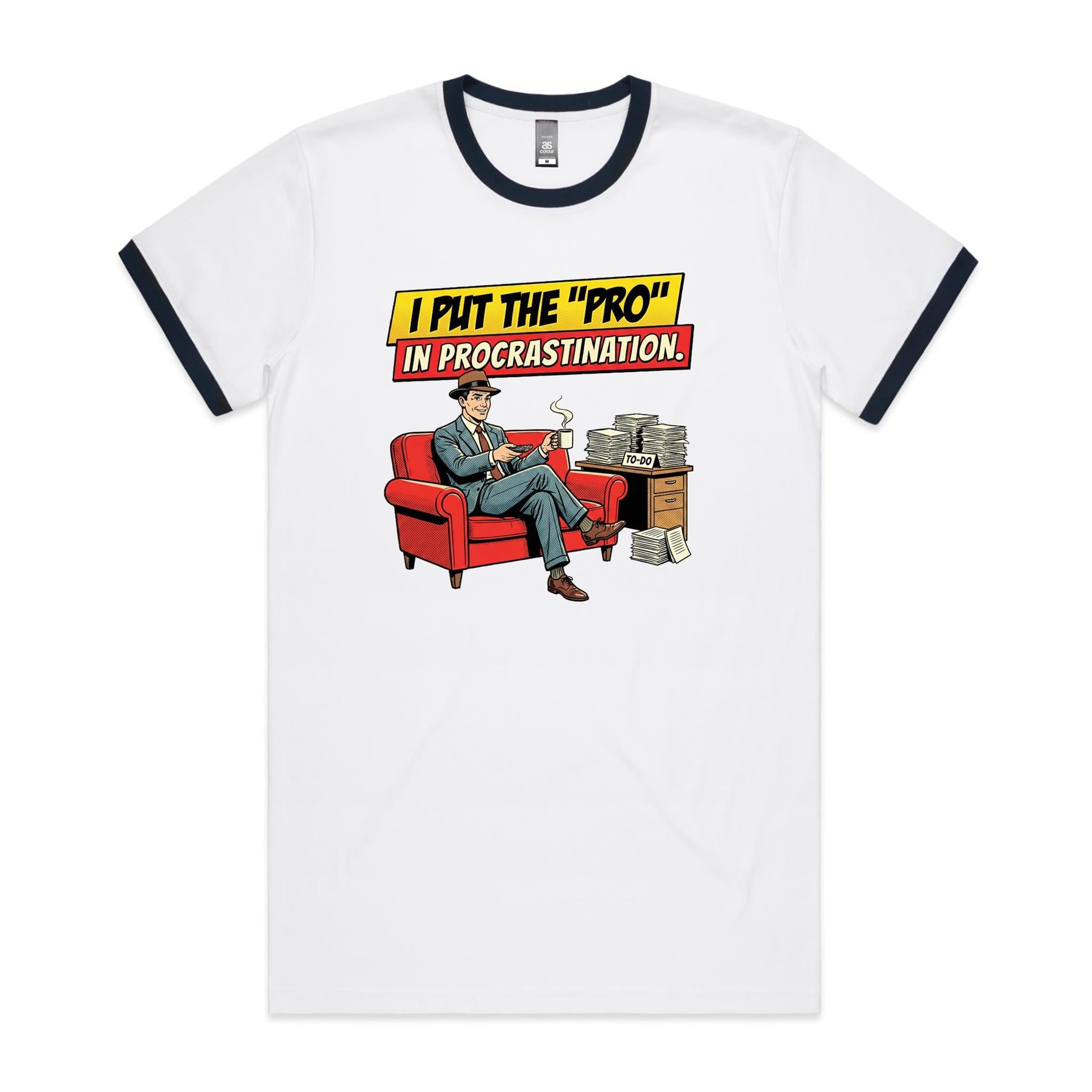 I Put The Pro In Procrastination, Retro Gentleman Men's AS Colour Ringer Tee White Navy Ringer T-Shirt comic Printed In Australia