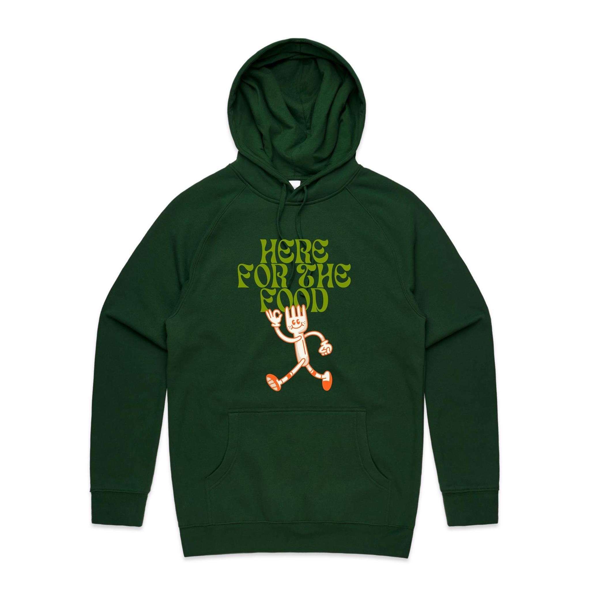 Here For The Food - Mens Hoodie Forest Green Mens Hoodie Food Printed In Australia