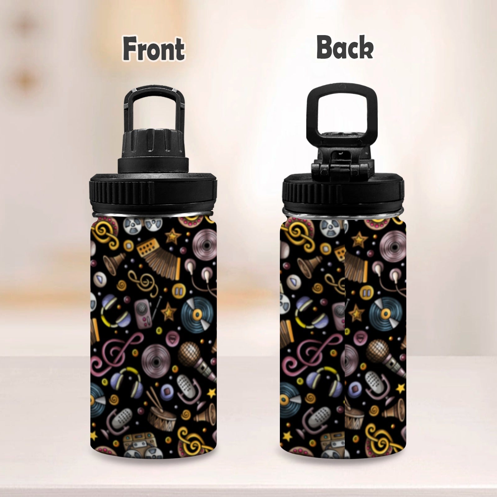 Retro Music Mix Kids Water Bottle with Chug Lid (12 oz) Kids Water Bottle with Chug Lid Music Printed Offshore