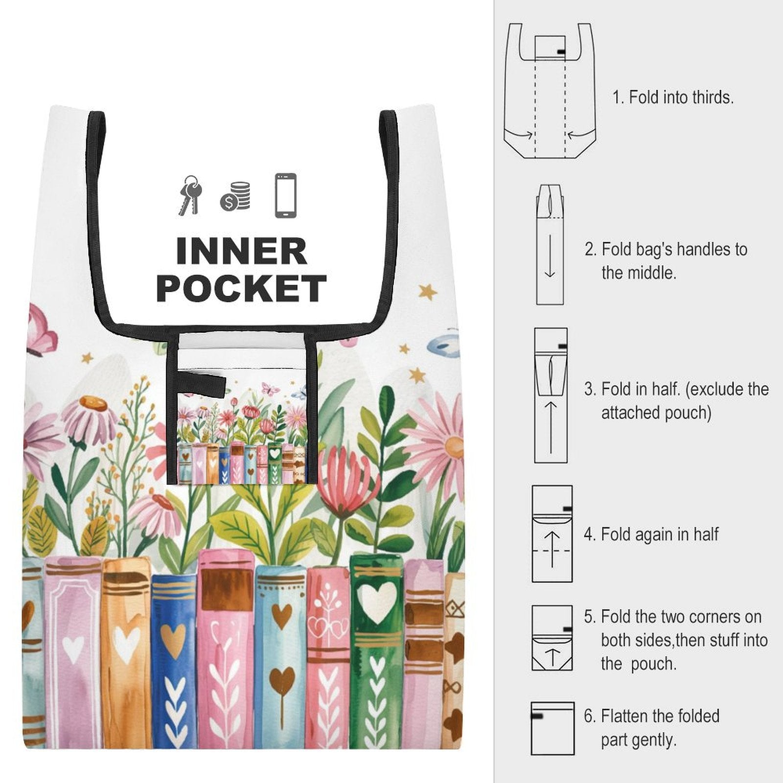 Books And Flowers - Collapsible Shopping Bag