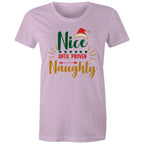 Nice Until Proven Naughty, Christmas - Womens T-shirt Lavender Womens Christmas T-shirt Christmas Printed In Australia