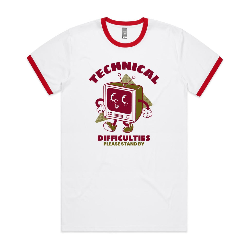 Technical Difficulties, Retro TV - Staple Ringer Tee White Red Ringer T-Shirt Printed In Australia Retro Tech