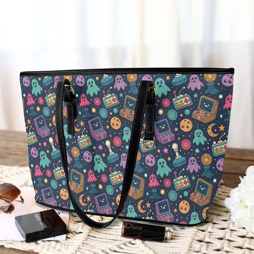 Space Arcade PU Leather Tote Bag Large Leather Tote Bag-Large Games Printed Offshore Retro Space