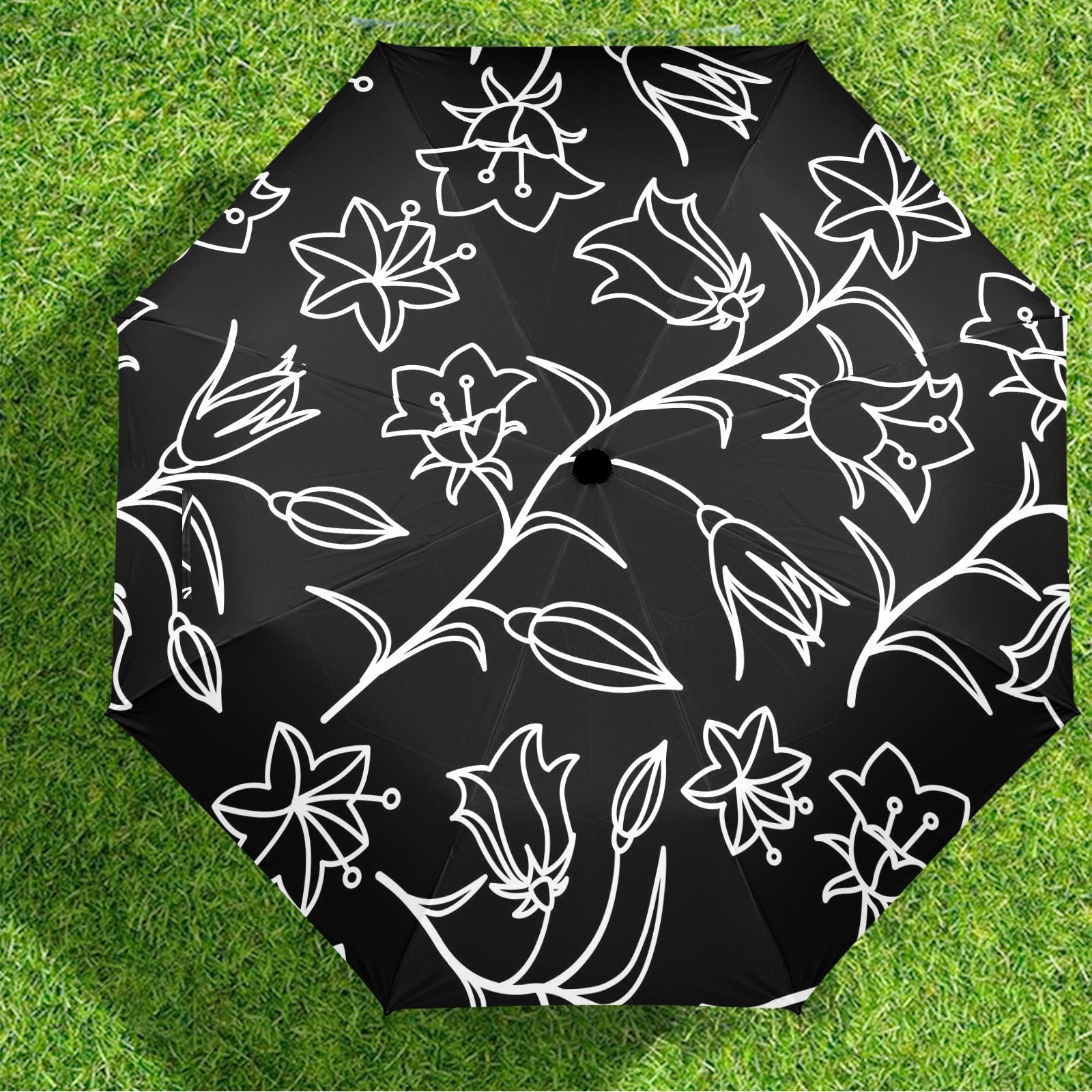 Black And White Floral - Semi-Automatic Foldable Umbrella (Model U12) Semi-Automatic Foldable Umbrella (U12)