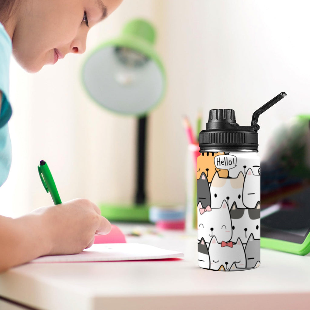 Cat Hello Kids Water Bottle with Chug Lid (12 oz) Kids Water Bottle with Chug Lid animal Printed Offshore