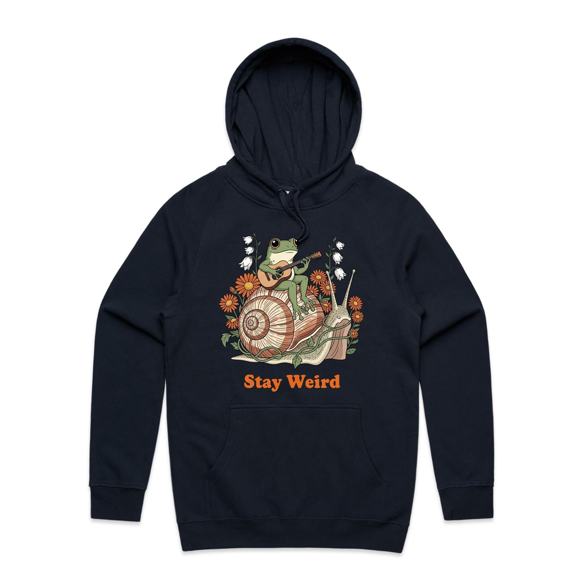 Stay Weird, Guitar Playing Frog On A Snail Men's AS Colour Hoodie Navy Mens Hoodie animal Music Printed In Australia