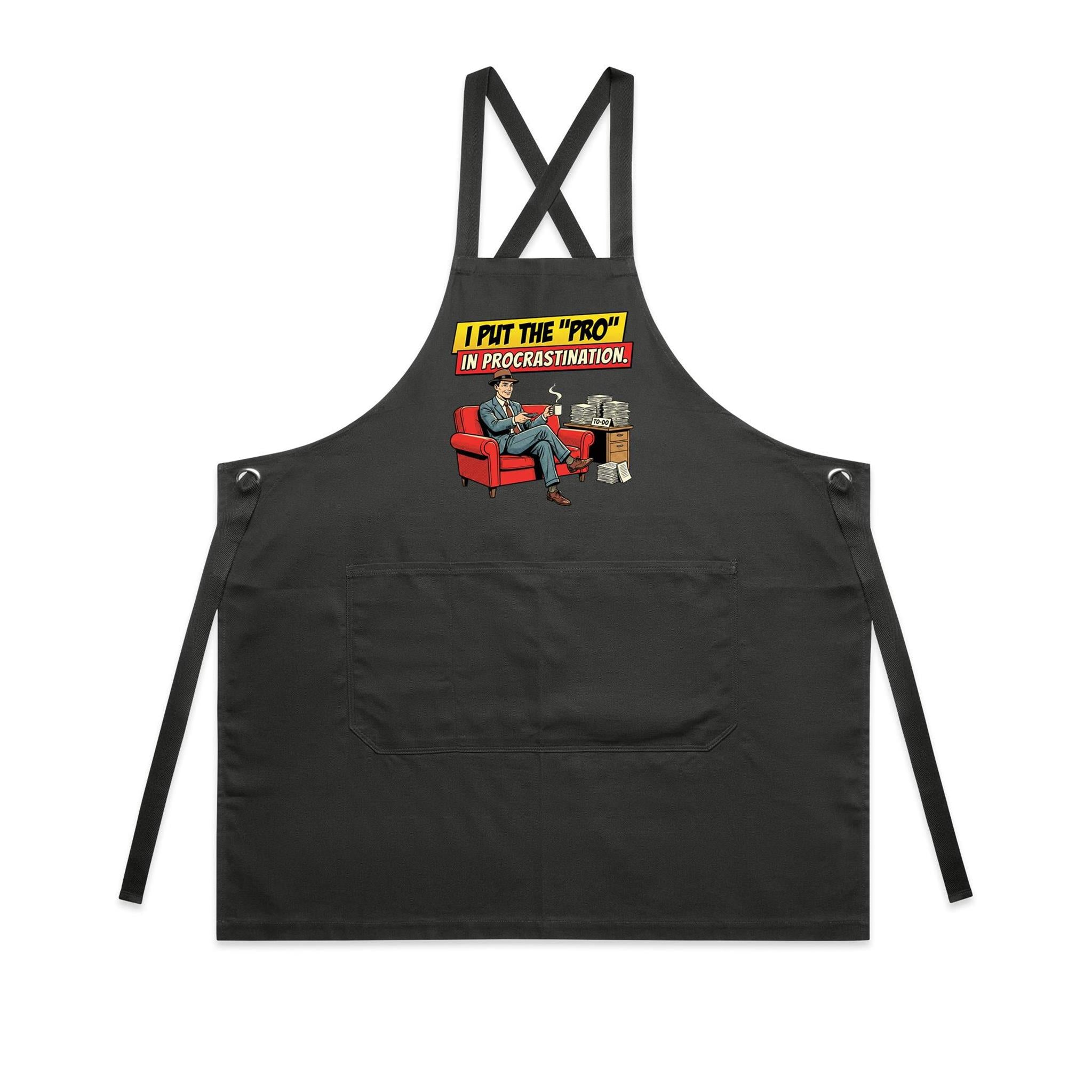I Put The Pro In Procrastination, Retro Gentleman - AS Colour Carrie Apron Coal One Size Apron comic Printed In Australia