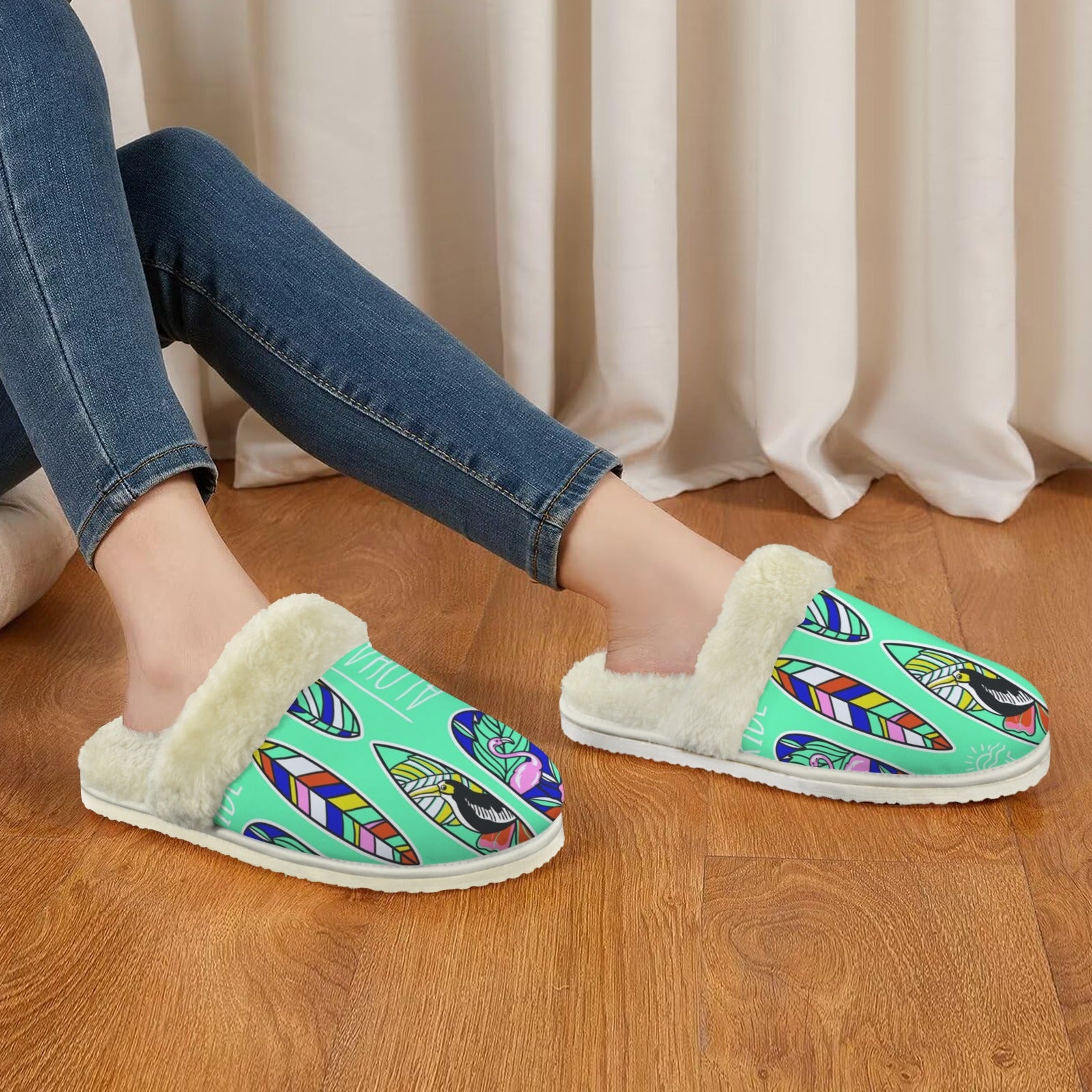 Aloha Surfboards Women's Fur Trim Thick-Sole Indoor Slippers Women's Fur Trimmed Slippers Printed Offshore Surf