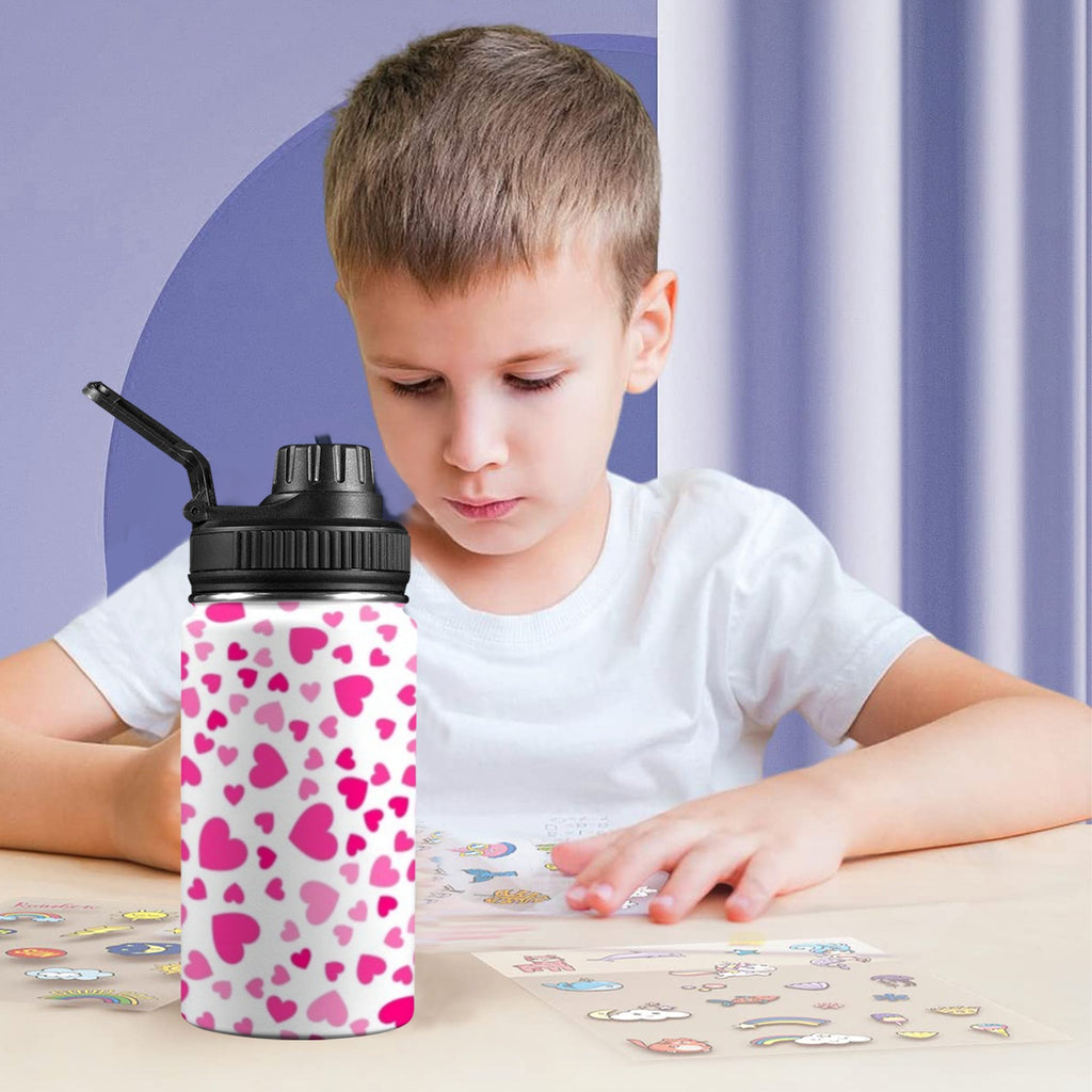 Pink Hearts On White - Kids Water Bottle with Chug Lid (12 oz)
