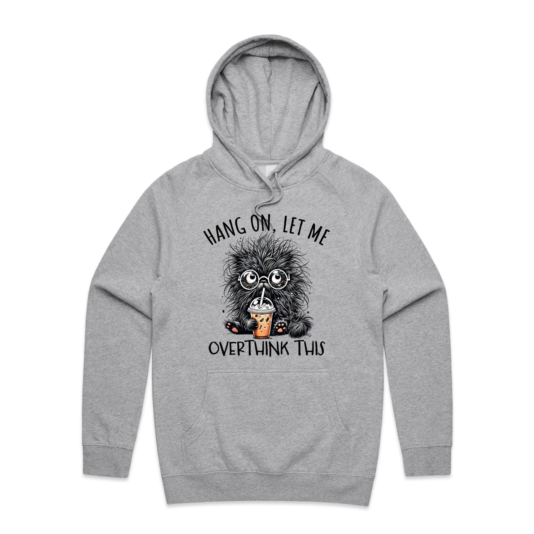 Frazzled Cat, Hang On Let Me Overthink This Men's AS Colour Hoodie Grey Marle Mens Hoodie animal Printed In Australia
