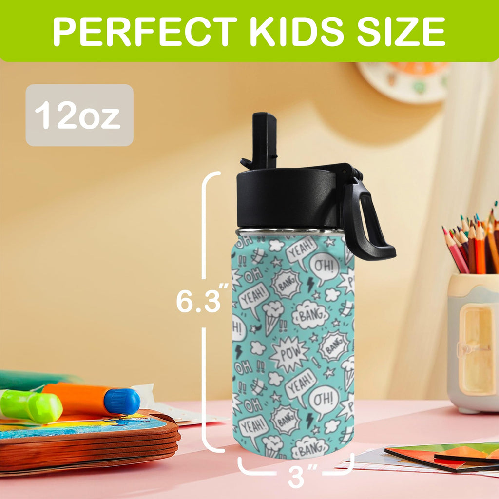 Comic Book Speech Bubbles 12oz Kids Water Bottle with Straw Lid