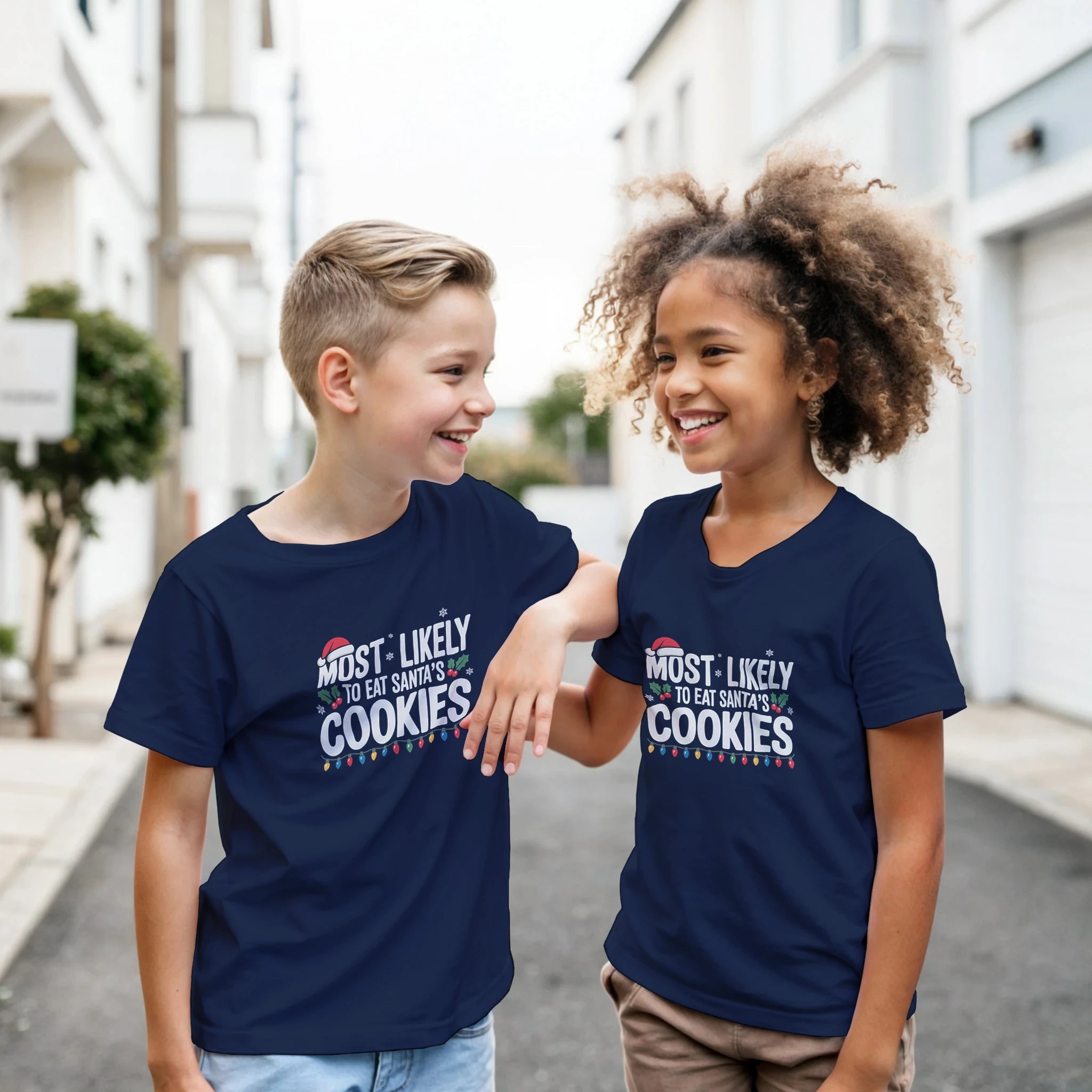 Personalised - Christmas Most Likely To - Classic Kids Crewneck T-shirt | Gildan® 5000B Navy Personalised Kids T-shirt Christmas